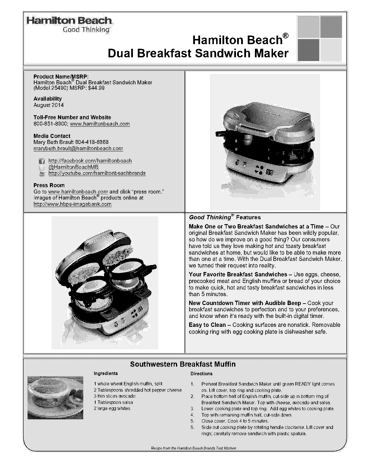 cooking instructions for hamilton beach breakfast sandwich maker