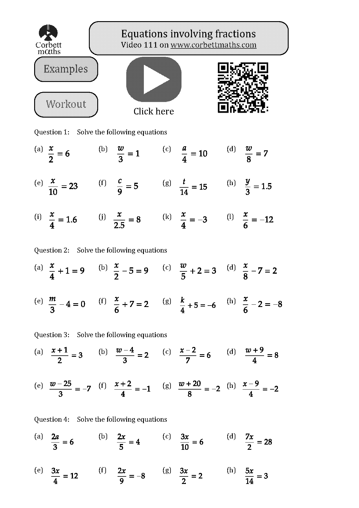 algebraic fraction equations worksheet