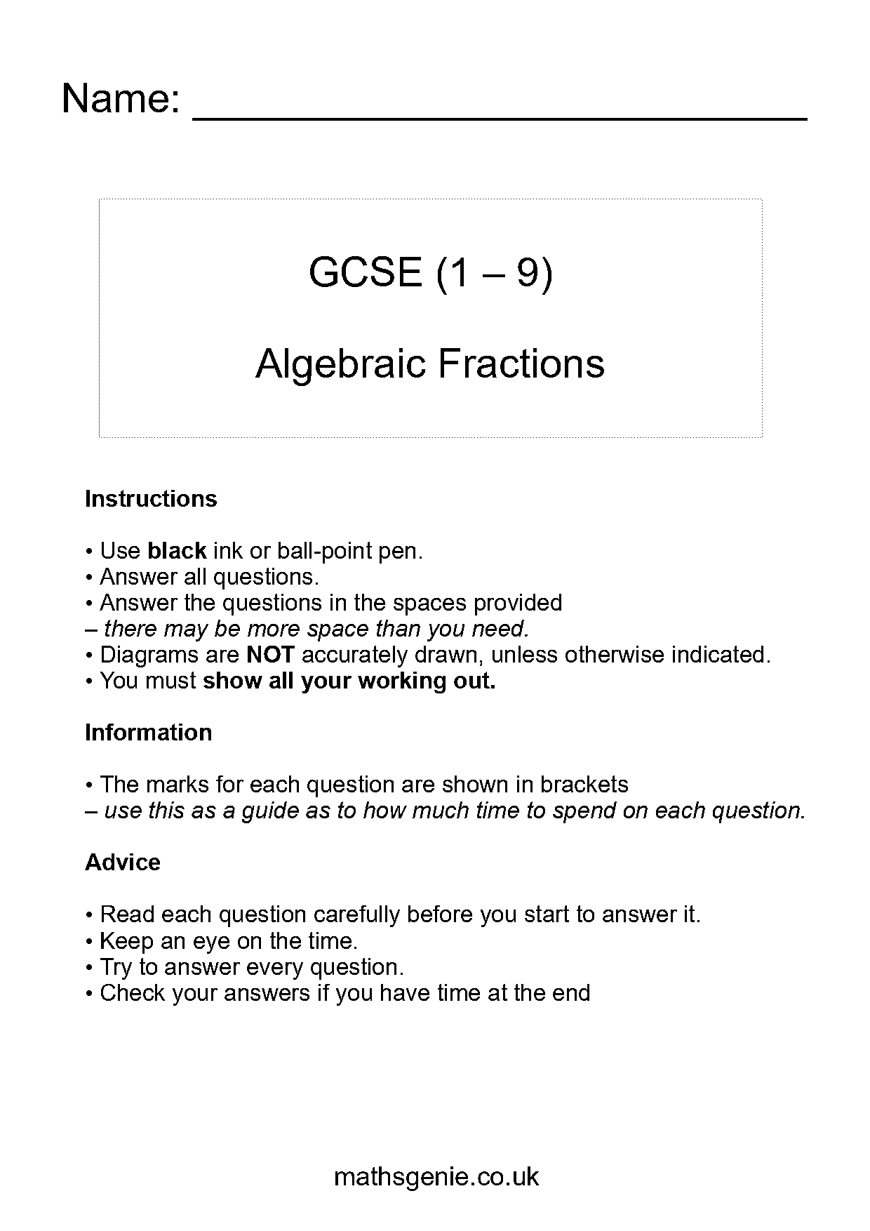 algebraic fraction equations worksheet