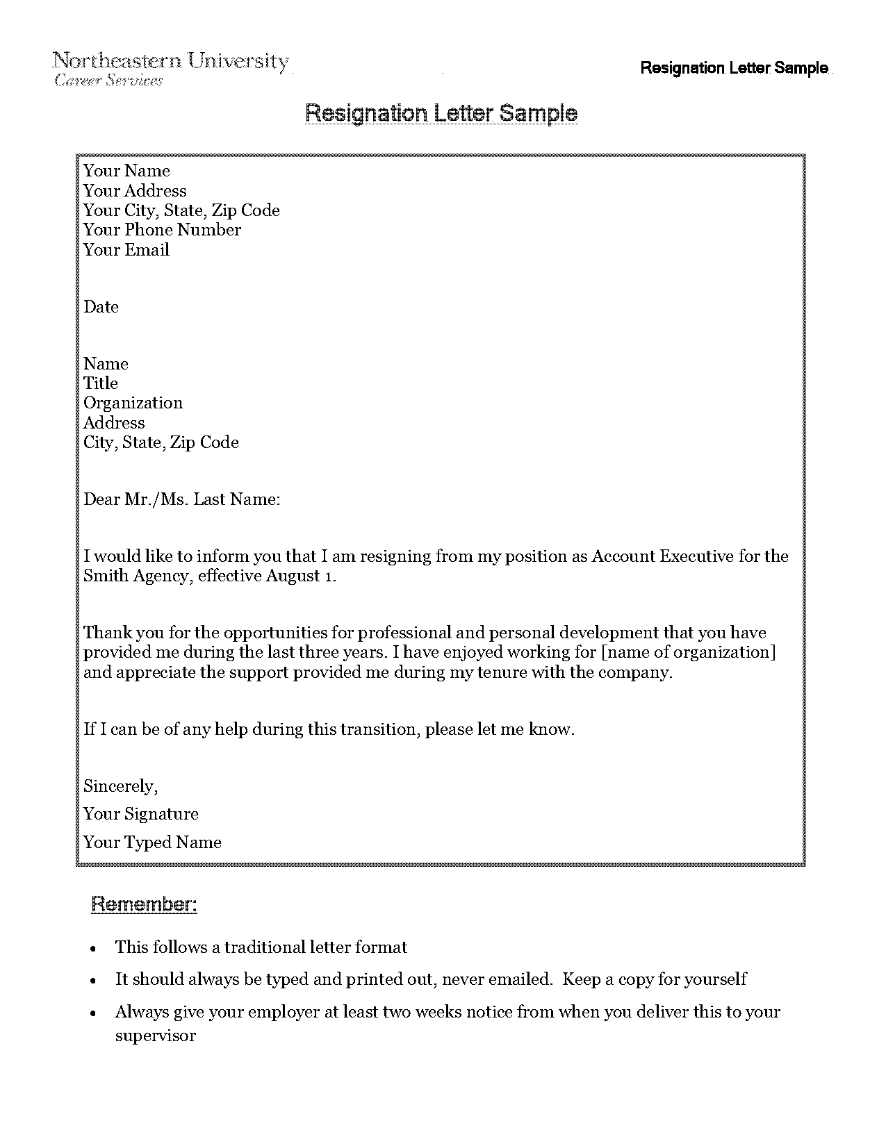 notice letter example work